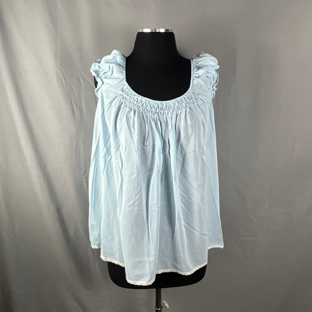Vintage Miss Elaine Babydoll Nightgown Womens Blue Delicate Lace Trim Scoop Neck
